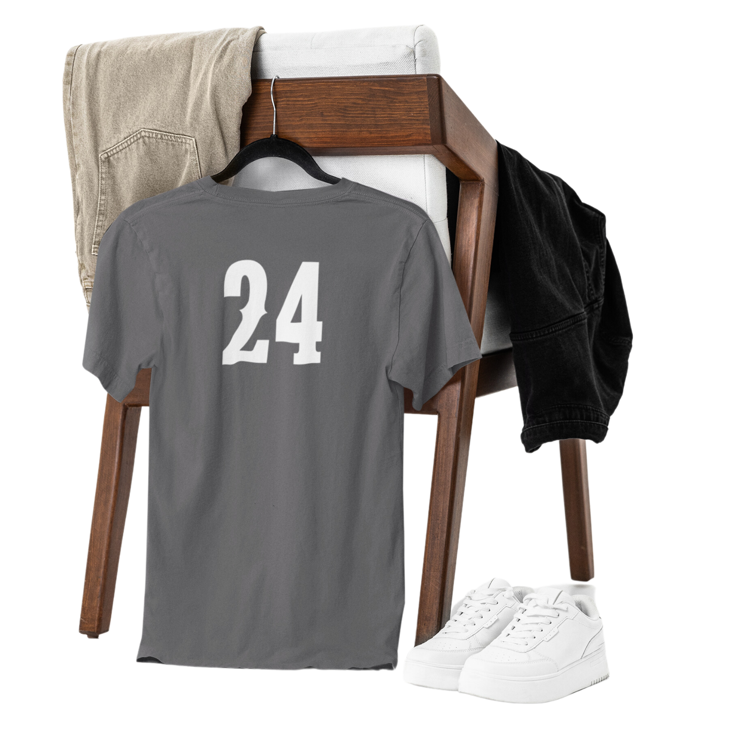 Custom soccer senior night t-shirt back side view for high school athletes with their number printed, available in black and grey to celebrate the team's senior players.