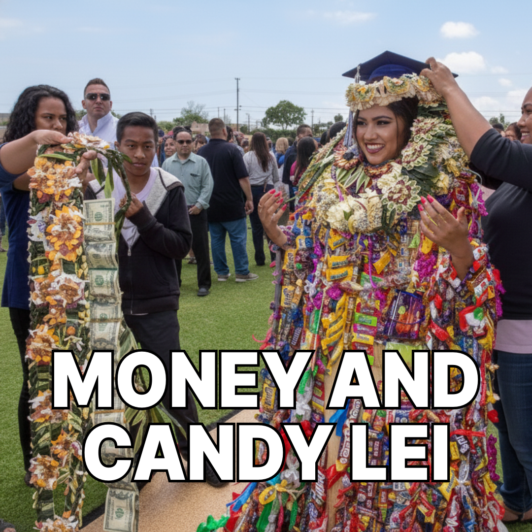 mix of a variety of candy lei necklace on a graduate Class of 2026 graduation gift