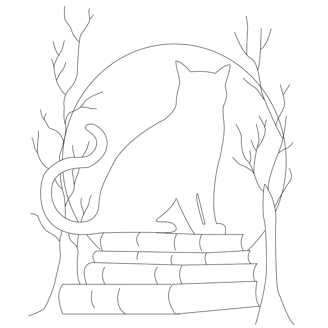 Pre-sketched tracer canvas of a black cat on books under a full moon, Halloween paint kit