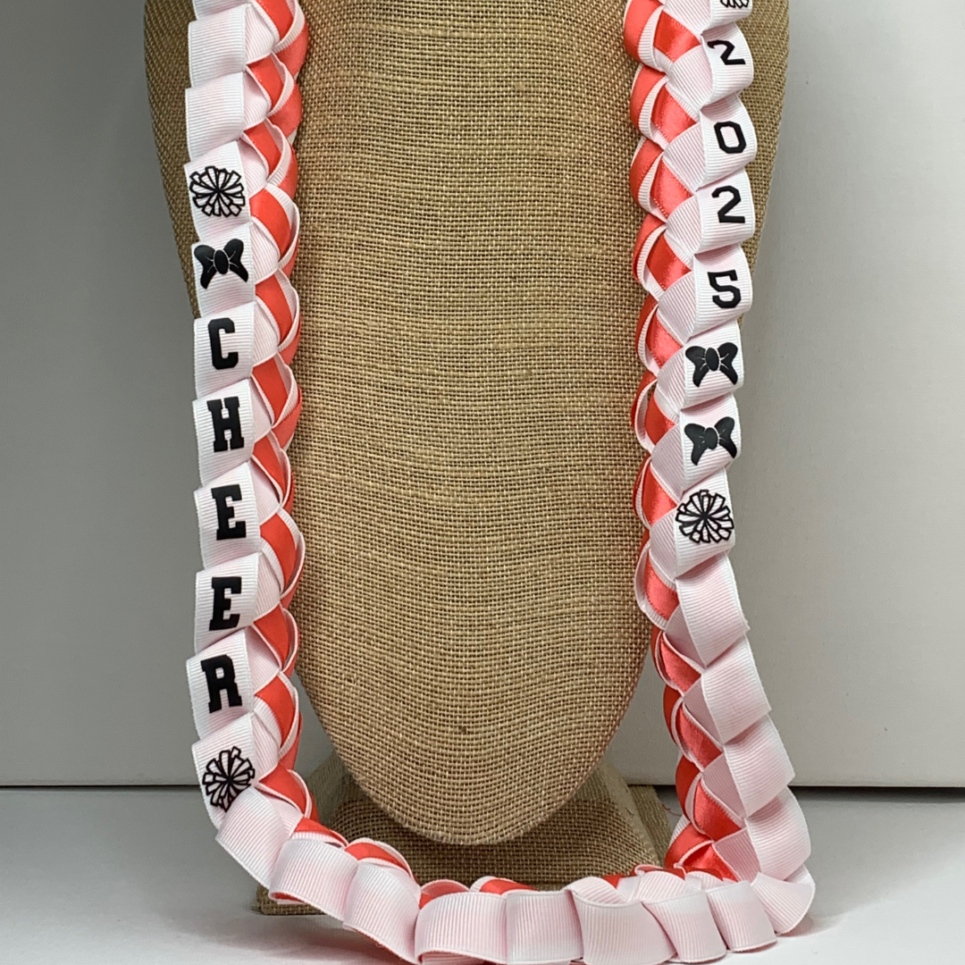 Close Up custom Cheer Ribbon Lei in school or team colors for Senior Night, graduation, cheer banquets, competitions, and cheerleader gifts.