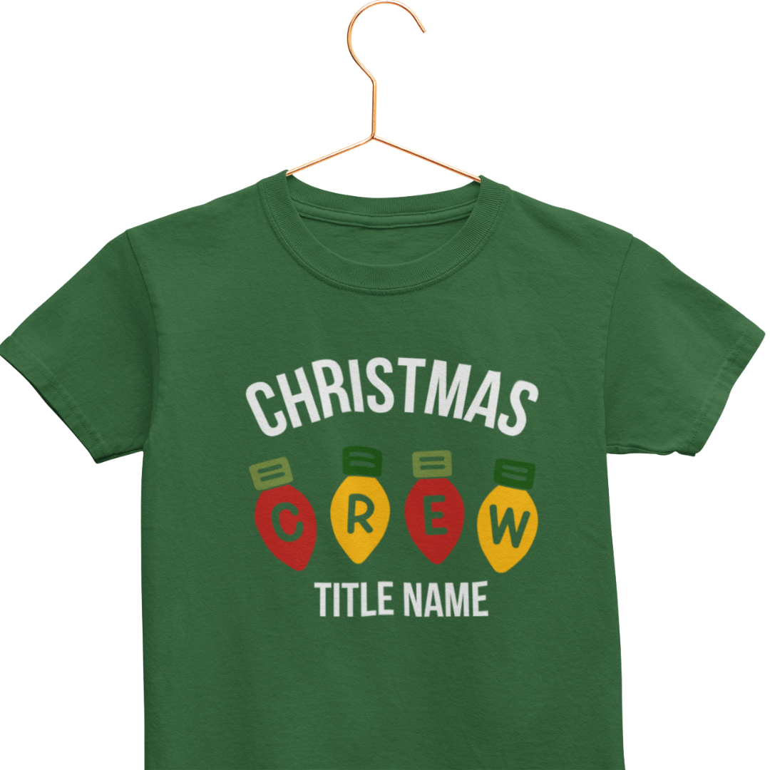Personalized Christmas Family Crew Shirt featuring light bulbs spelling CREW, (add your title name) matching green and white holiday shirts for family and friends by Simply Aloha On The Go™