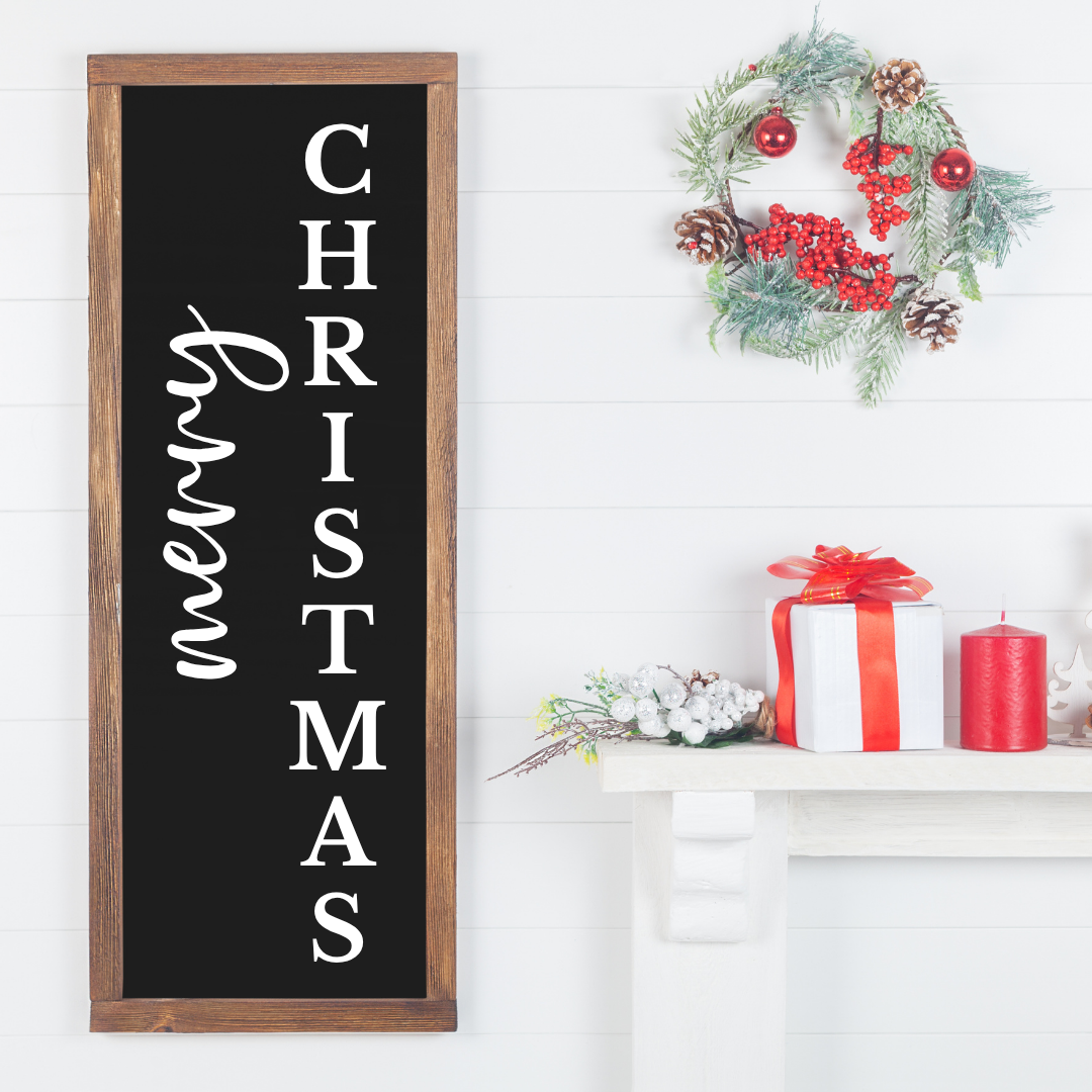 Handcrafted 4ft or 5 ft Christmas Porch Sign with multilingual greetings. Available in different background and font colors.