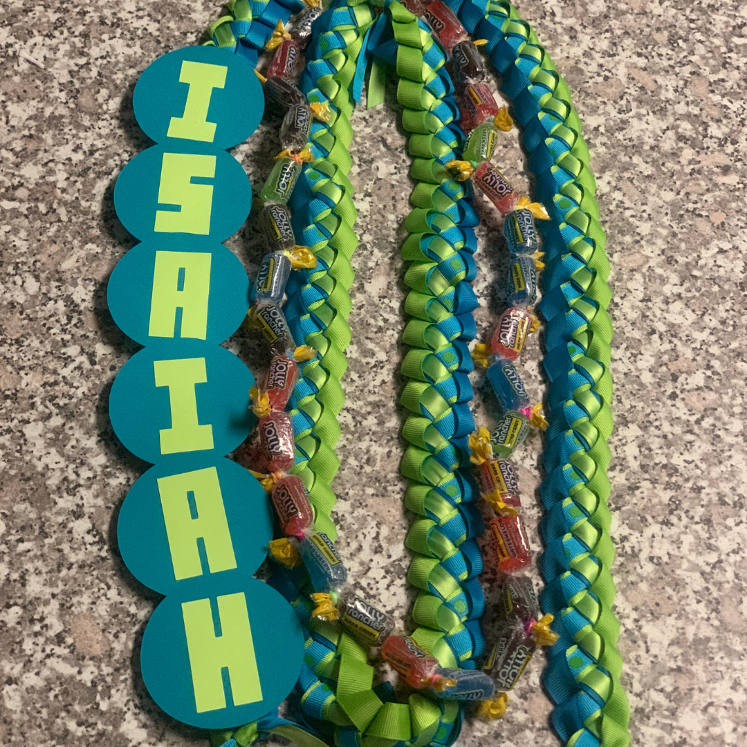 Custom graduation lei for kids . Handmade lei with Pure Aloha, perfect for preschool, kindergarten, 6th, 8th grade promotion, and great for their teachers too! Order now!.