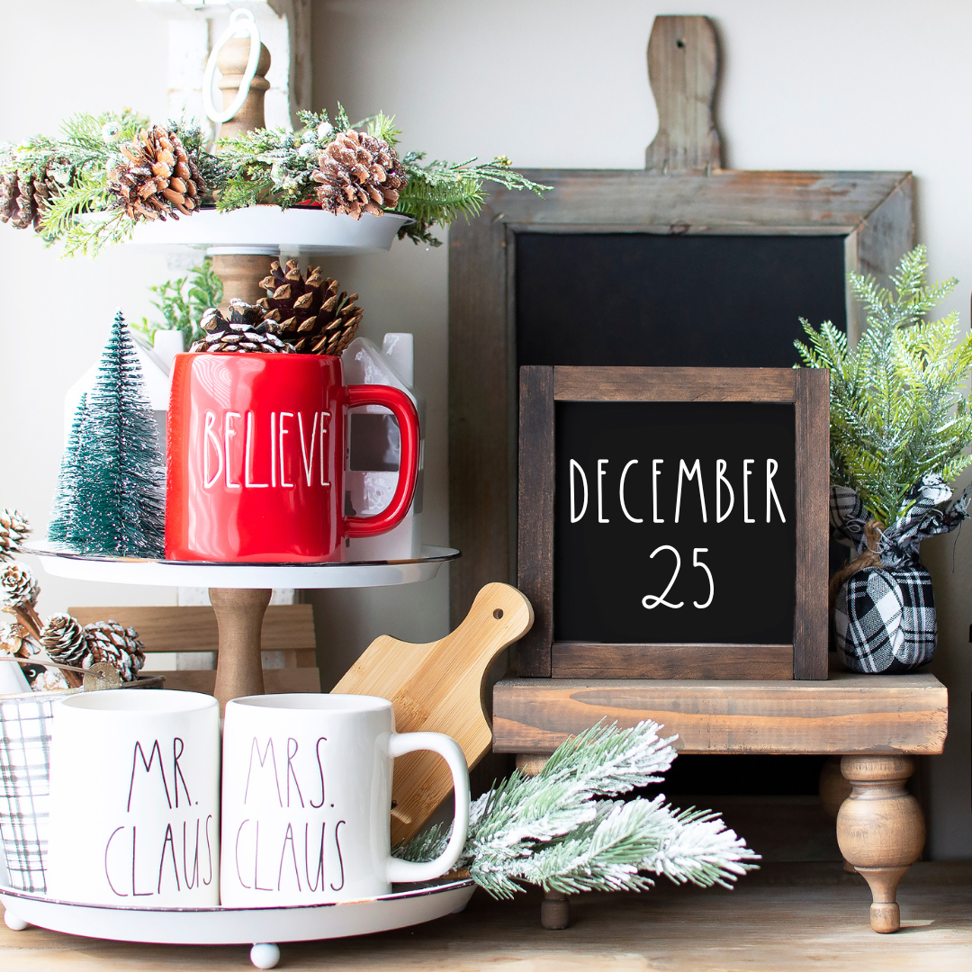 Dec 25 Christmas mini wood sign – 6x6 tiered tray & shelf sitter farmhouse decor-black background with white font
