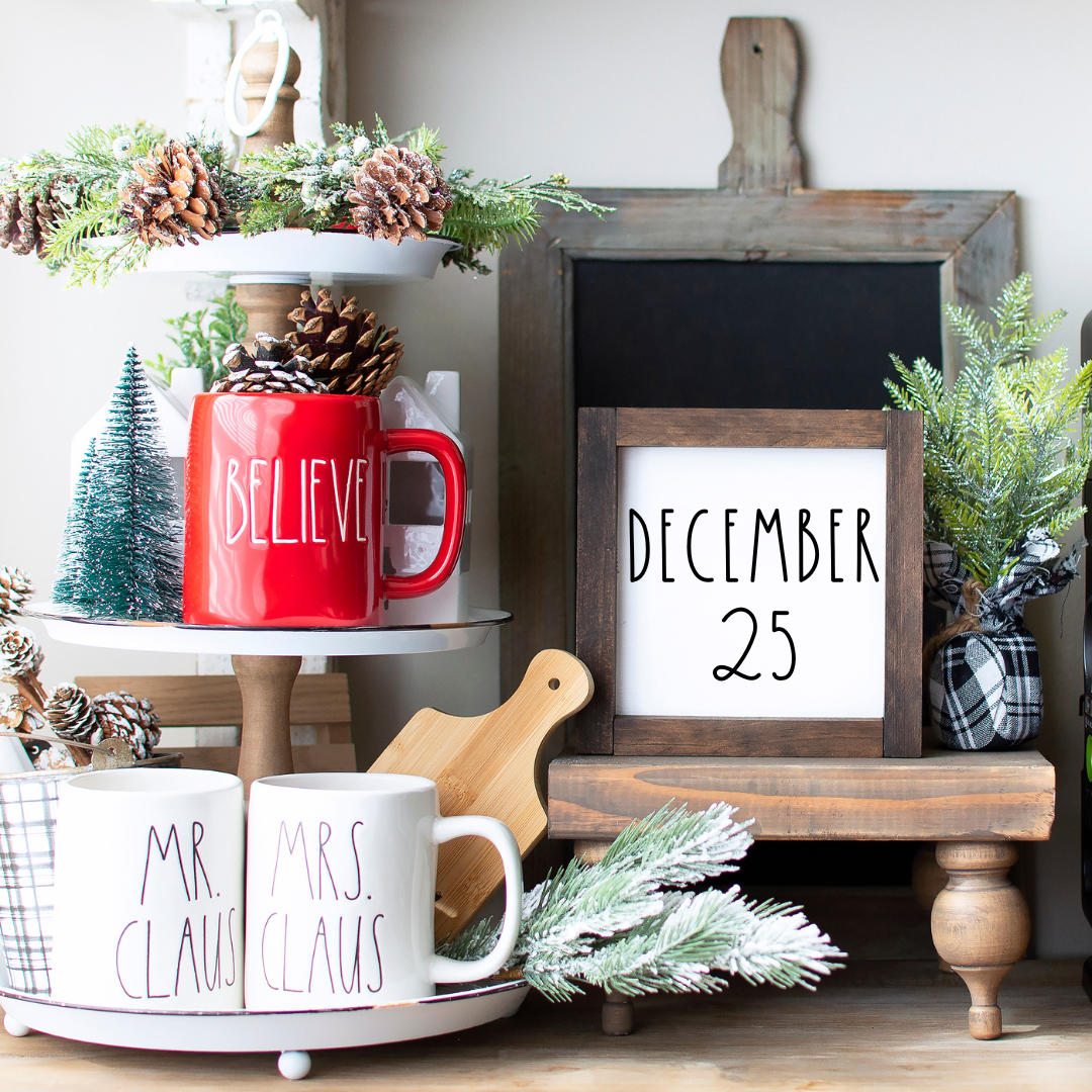 Dec 25 Christmas mini wood sign – 6x6 tiered tray & shelf sitter farmhouse decor-white background and black font