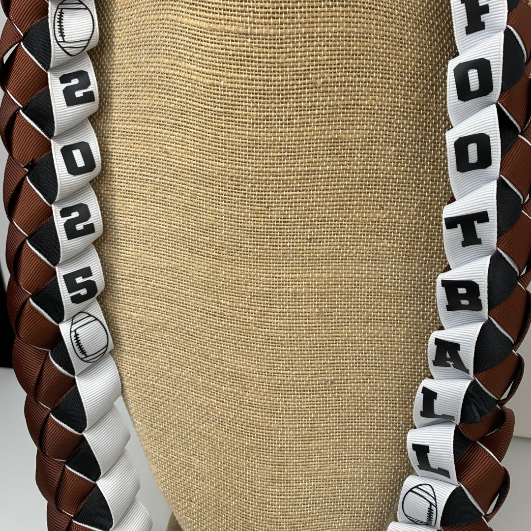Personalized Football Ribbon Lei in school or team colors for Senior Night, graduation, banquets, and football player gifts.