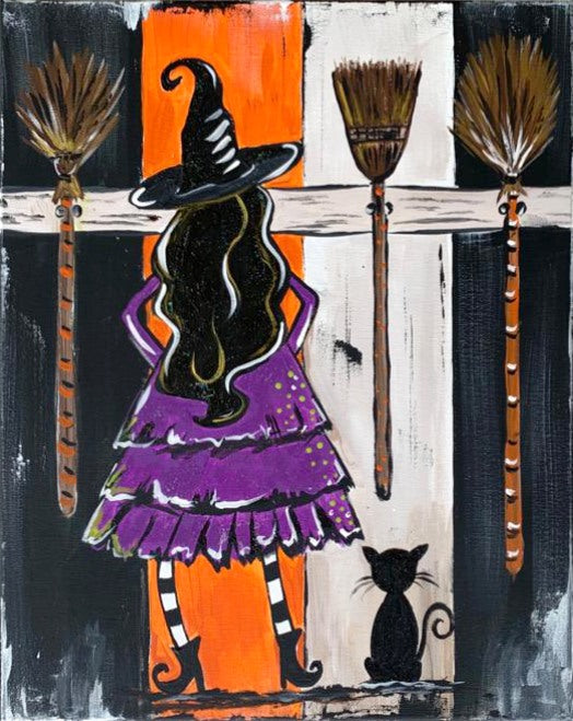 Halloween witch be crazy with her cat and broom paint party kit with purple, black, and orange, and brown colors
