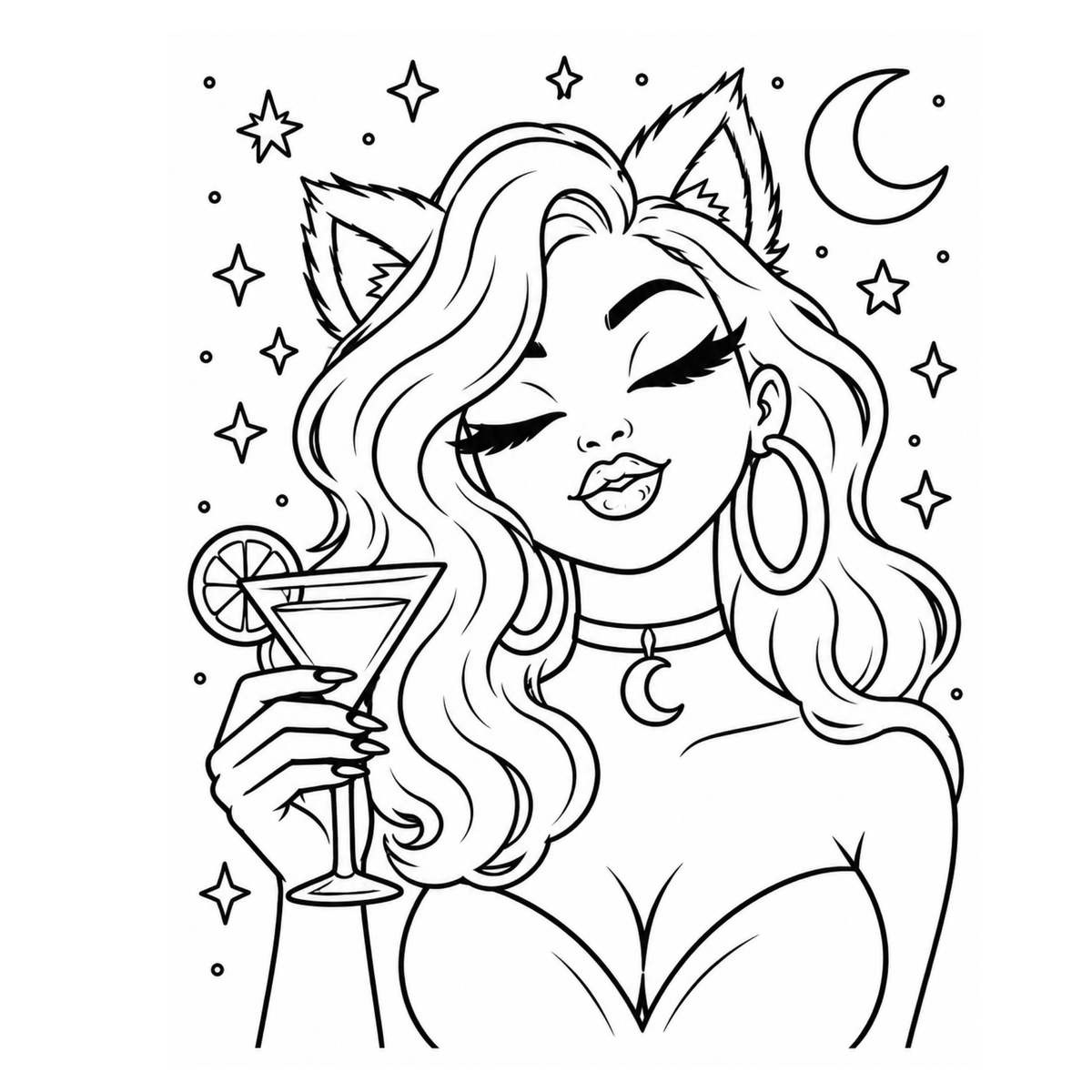 Outlined canvas tracer for the Witch’s Brew DIY paint kit featuring a witch with cat ears, cocktail, moon and stars