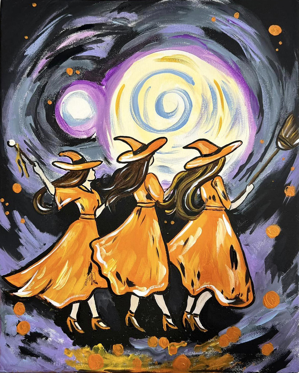 hocus pocus witches of holloween paint party kit with purple, black,blue, purple, black, and orange colors