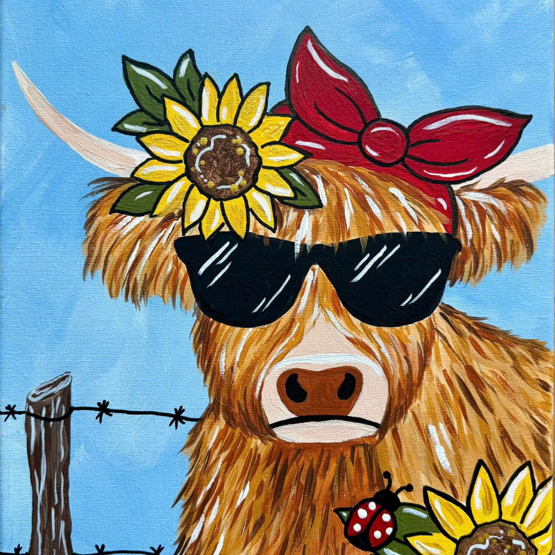 Honey Highlander Cow DIY paint kit on canvas with a shaggy cow in sunglasses, red bow, sunflowers and outlined canvas