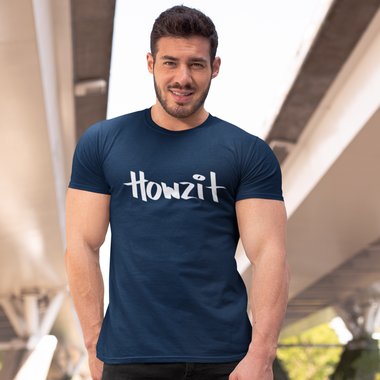 Navy Blue Howzit men’s t-shirt with bold Hawaiian slang print-aloha-inspired casual island shirt