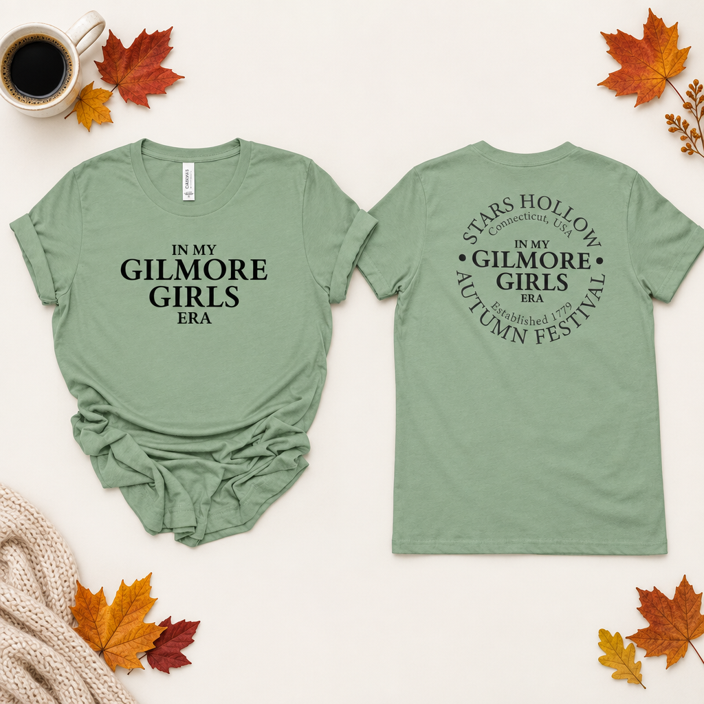 In My Gilmore Girls Era graphic tee in sage, front and back view, double-sided Gilmore Girls fan shirt