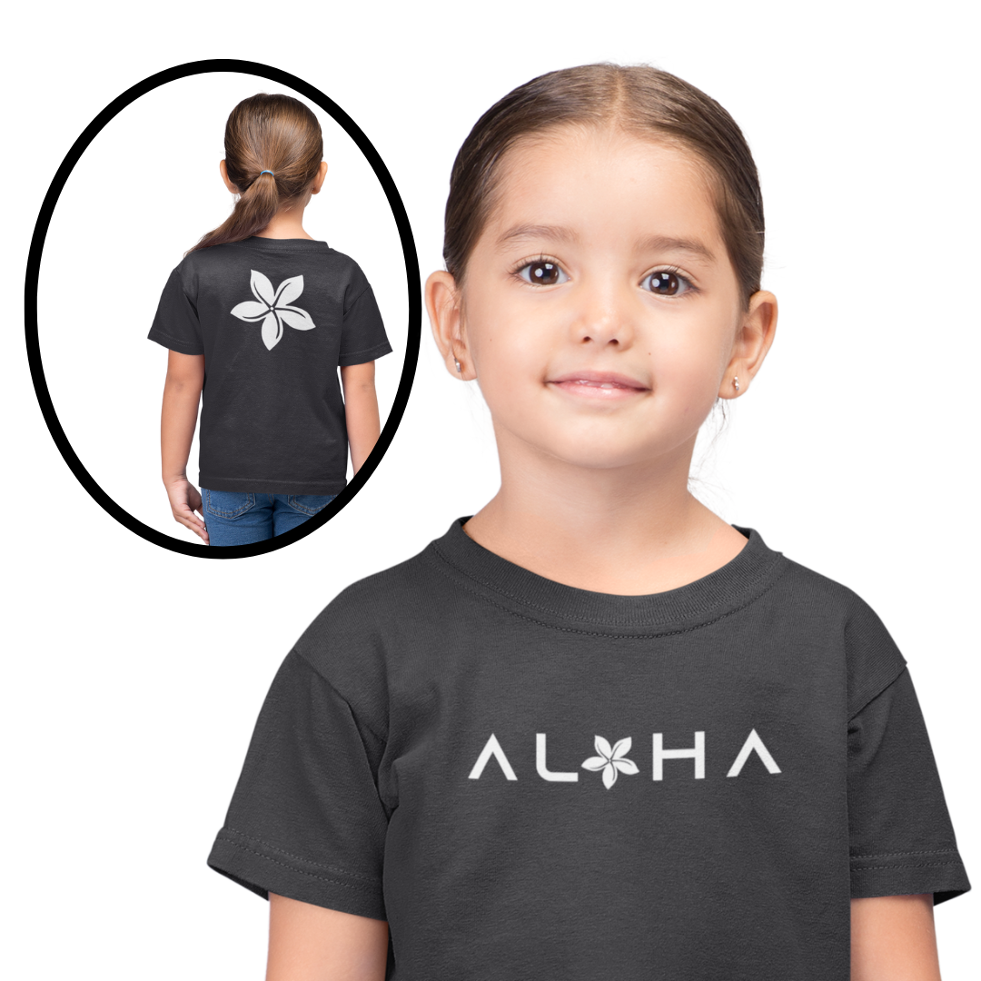Girls Double-Sided Aloha T-Shirt – Front Aloha, Back Tiare Flower | Hawaiian Kids Tee by Simply Aloha On The Go