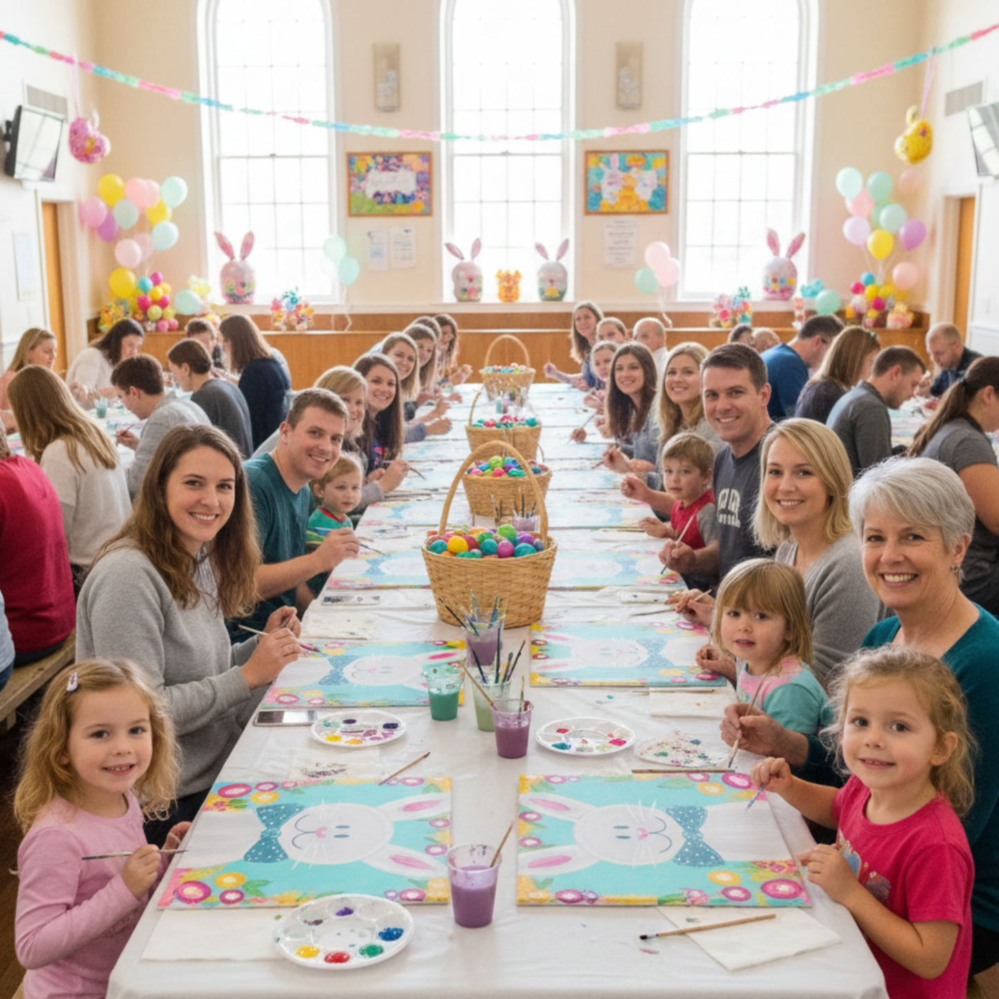 Group of people, including children and adults, sitting at a long table with canvas and paint for a paint party event.