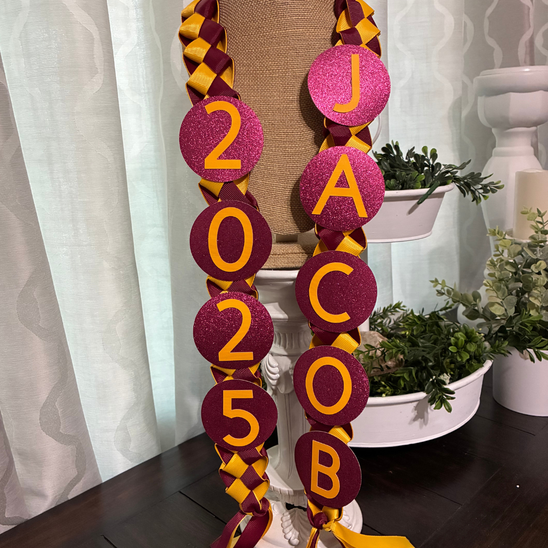 Custom 2025 graduation lei for kids . Handmade lei with Pure Aloha, perfect for preschool, kindergarten, 6th, 8th grade promotion, and great for their teachers too! Order now!.