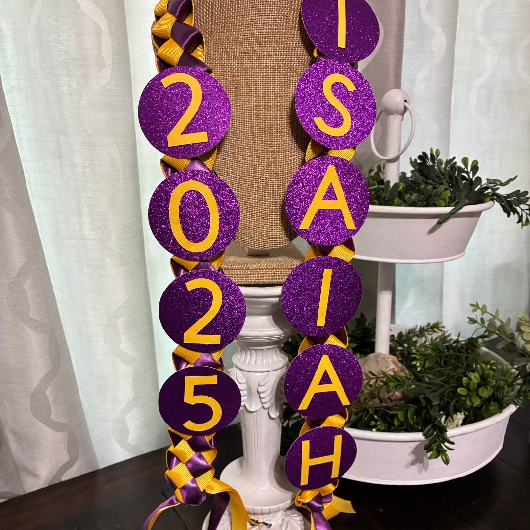 Custom 2025 graduation lei for kids . Handmade lei with Pure Aloha, perfect for preschool, kindergarten, 6th, 8th grade promotion, and great for their teachers too! Order now!.