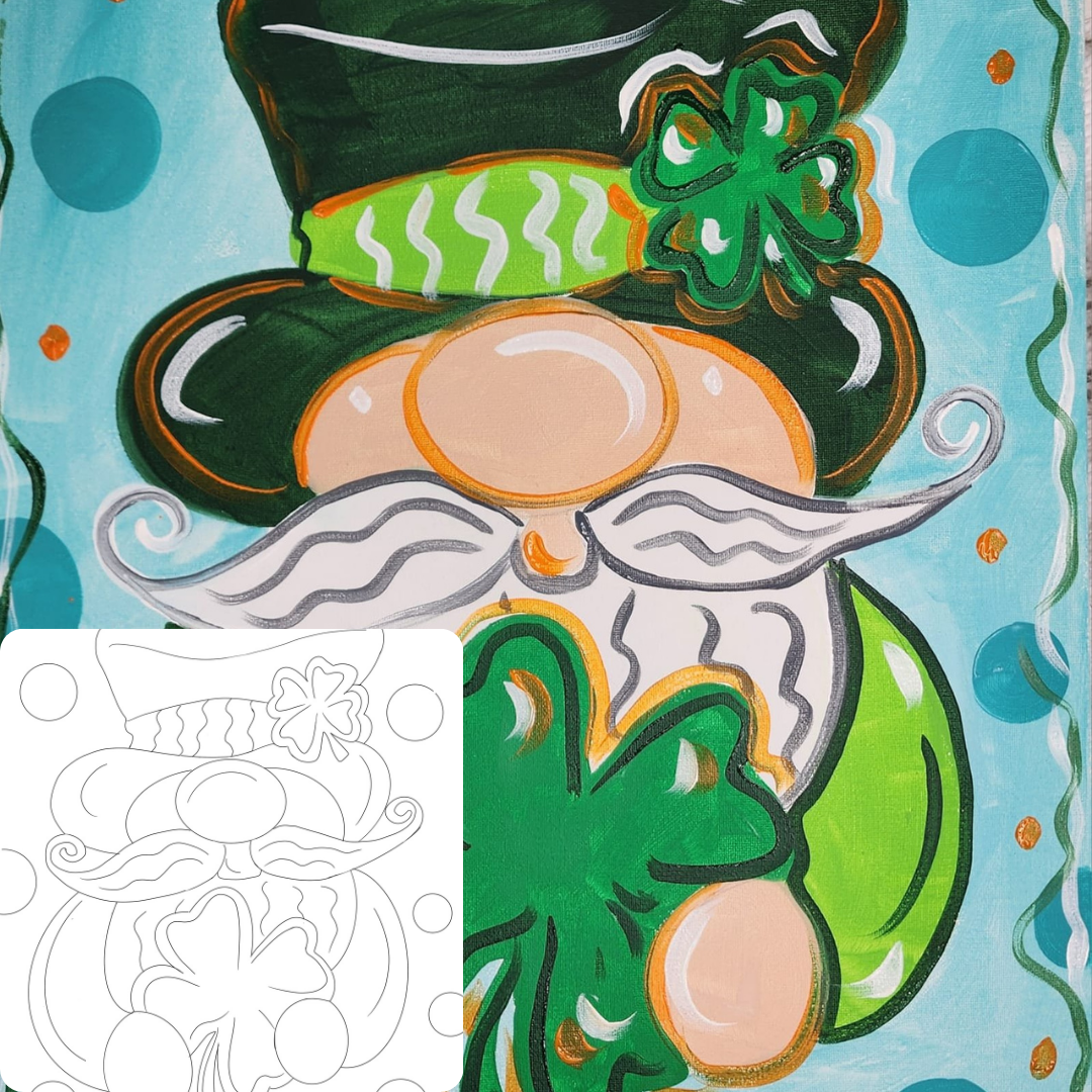 Colorful illustration of a leprechaun with a green hat and white mustache on a blue background.