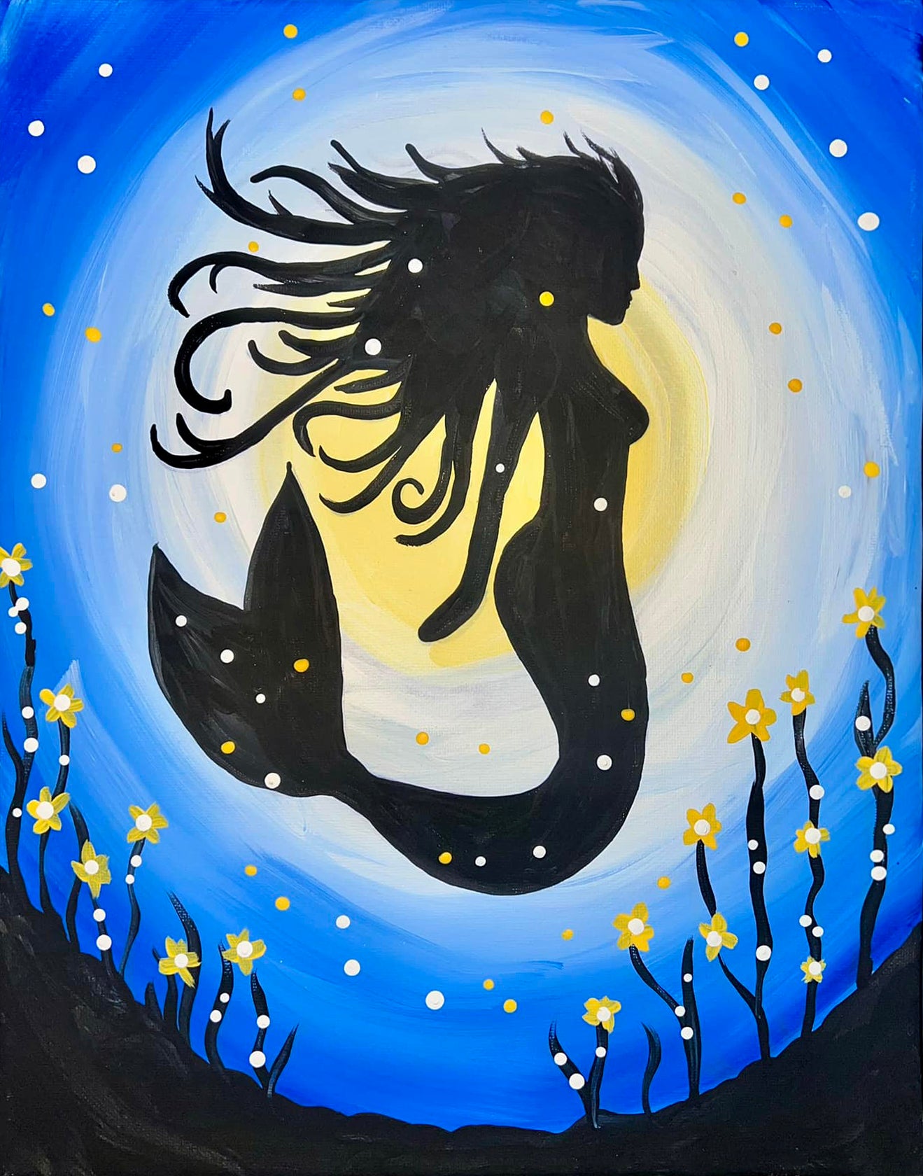 Mermaid Magic paint party kit featuring a mermaid in the ocean with flowing hair and under-the-sea details