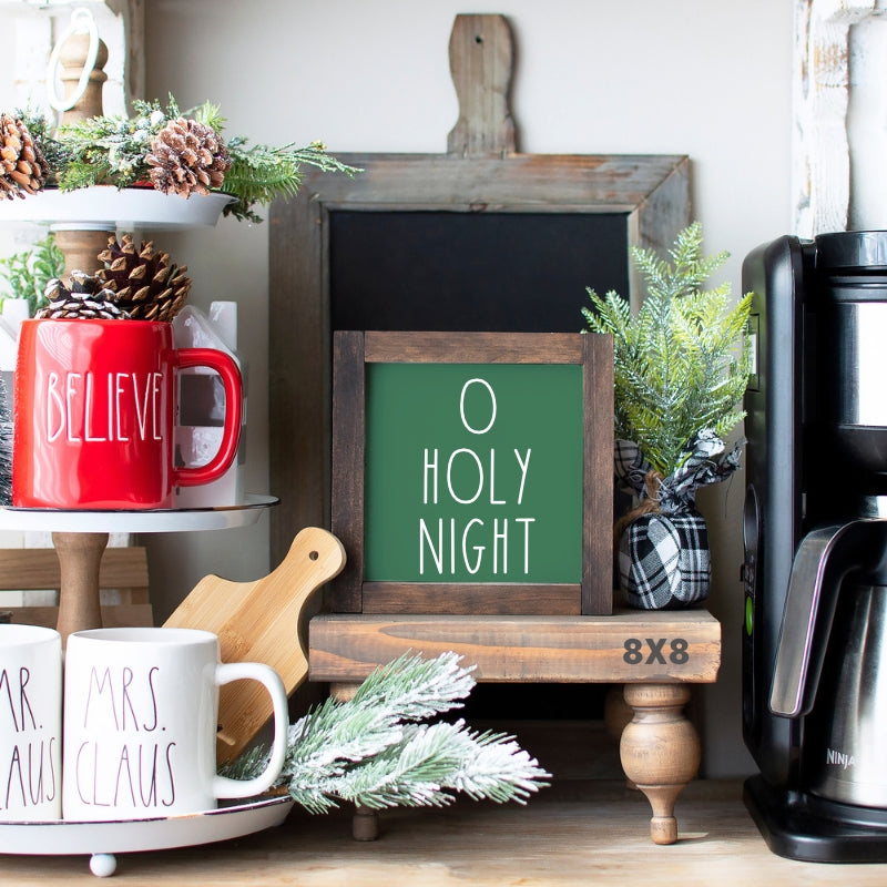 Green O Holy Night Christian Christmas tiered tray sign with white lettering and rustic wood frame.