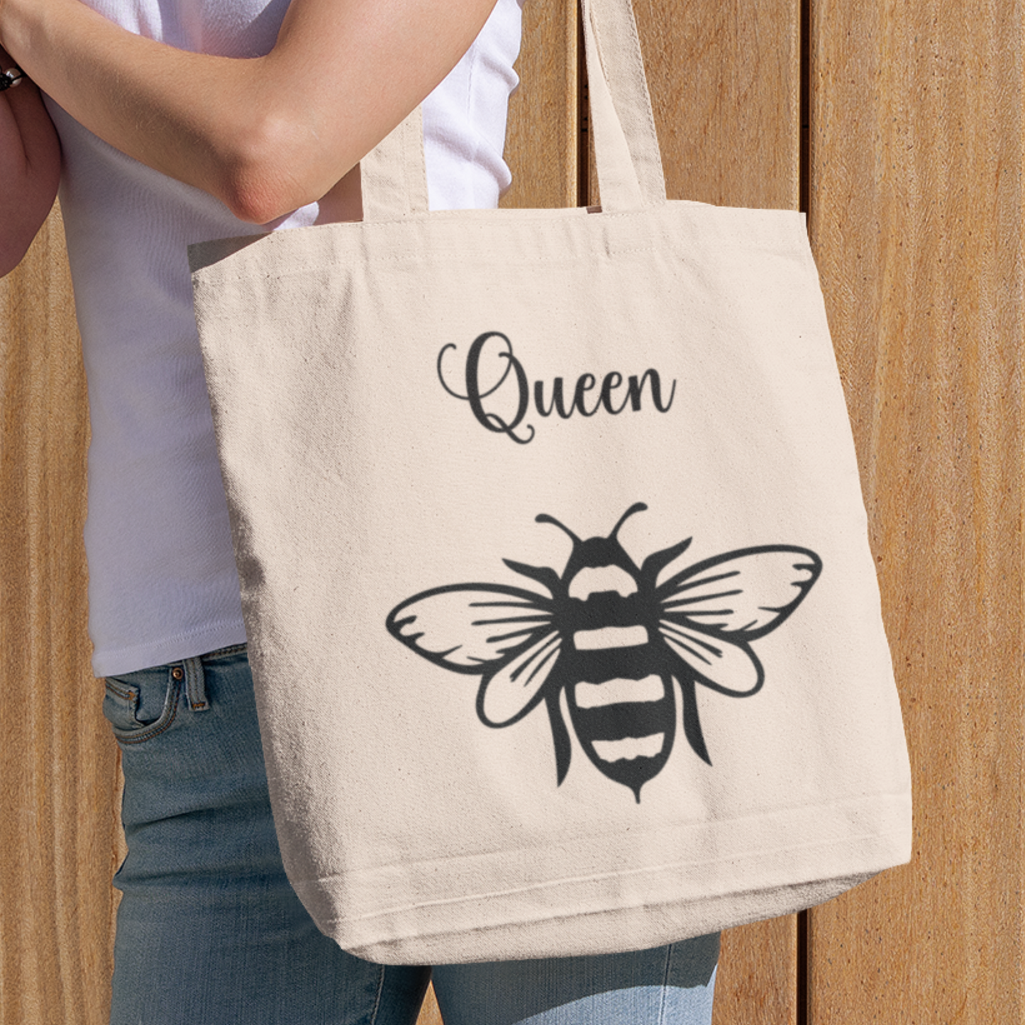 Simply Aloha On The Go "Queen Bee" Organic Cotton Tote Bag with bee illustration.