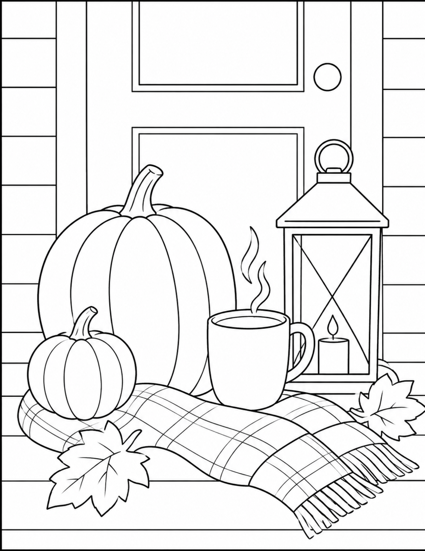 Black-and-white Pumpkin Lantern fall paint kit tracer with pumpkins, plaid blanket, coffee mug, lantern, and autumn leaves