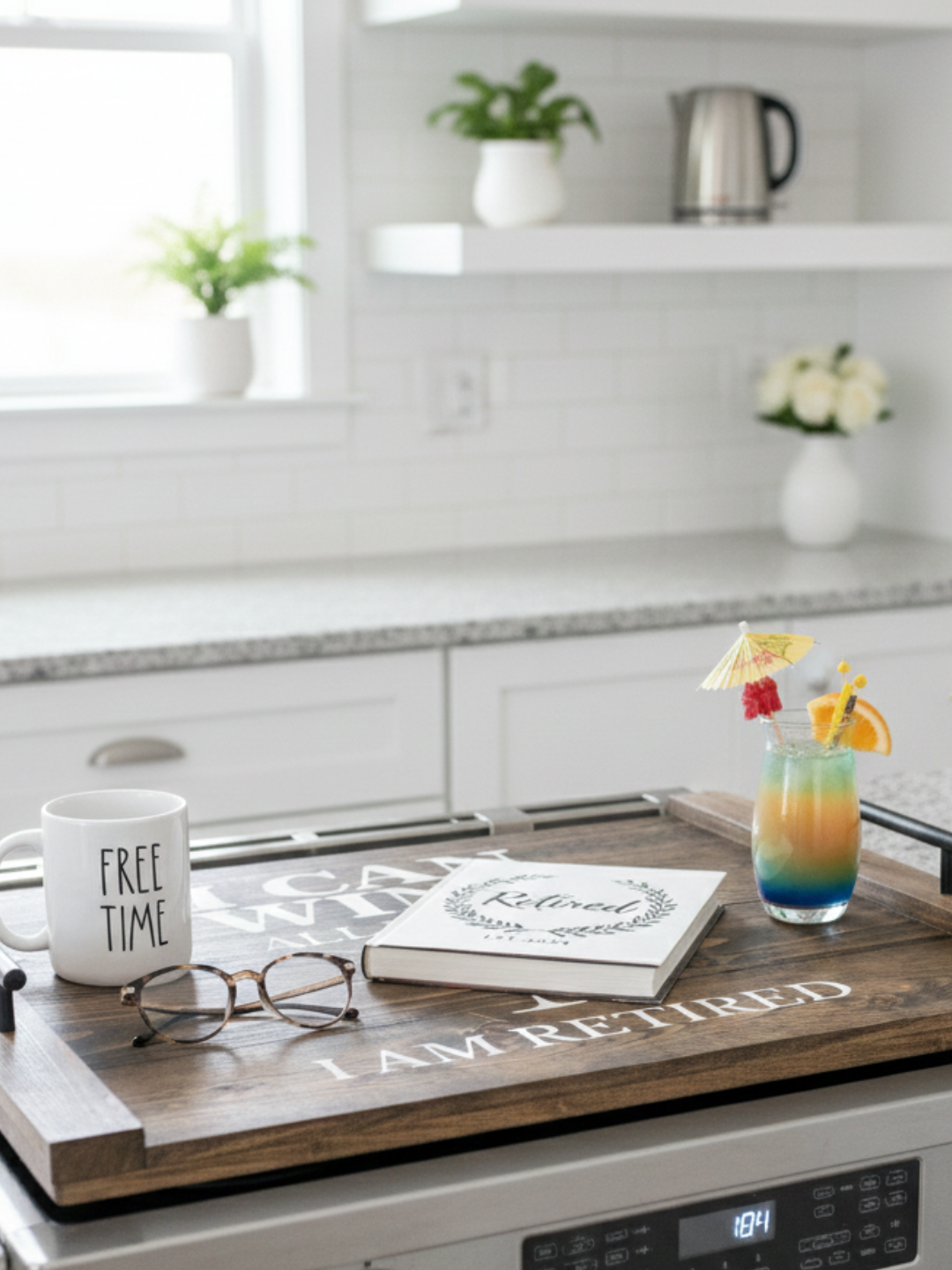 Retirement Wine Noodle Board Stove Top Cover styled in a bright kitchen with lifestyle