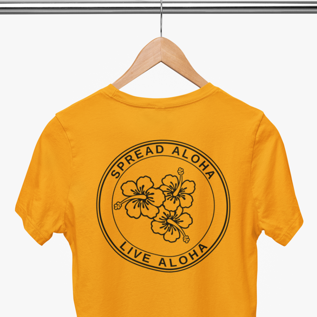 Back view of a Double-Sided Simply Aloha On The Go™ T-Shirt in orange color-spread aloha live aloha printed. This shirt is more than just a word it's a way of living. Available in 8 colors of Hawaii and sizes