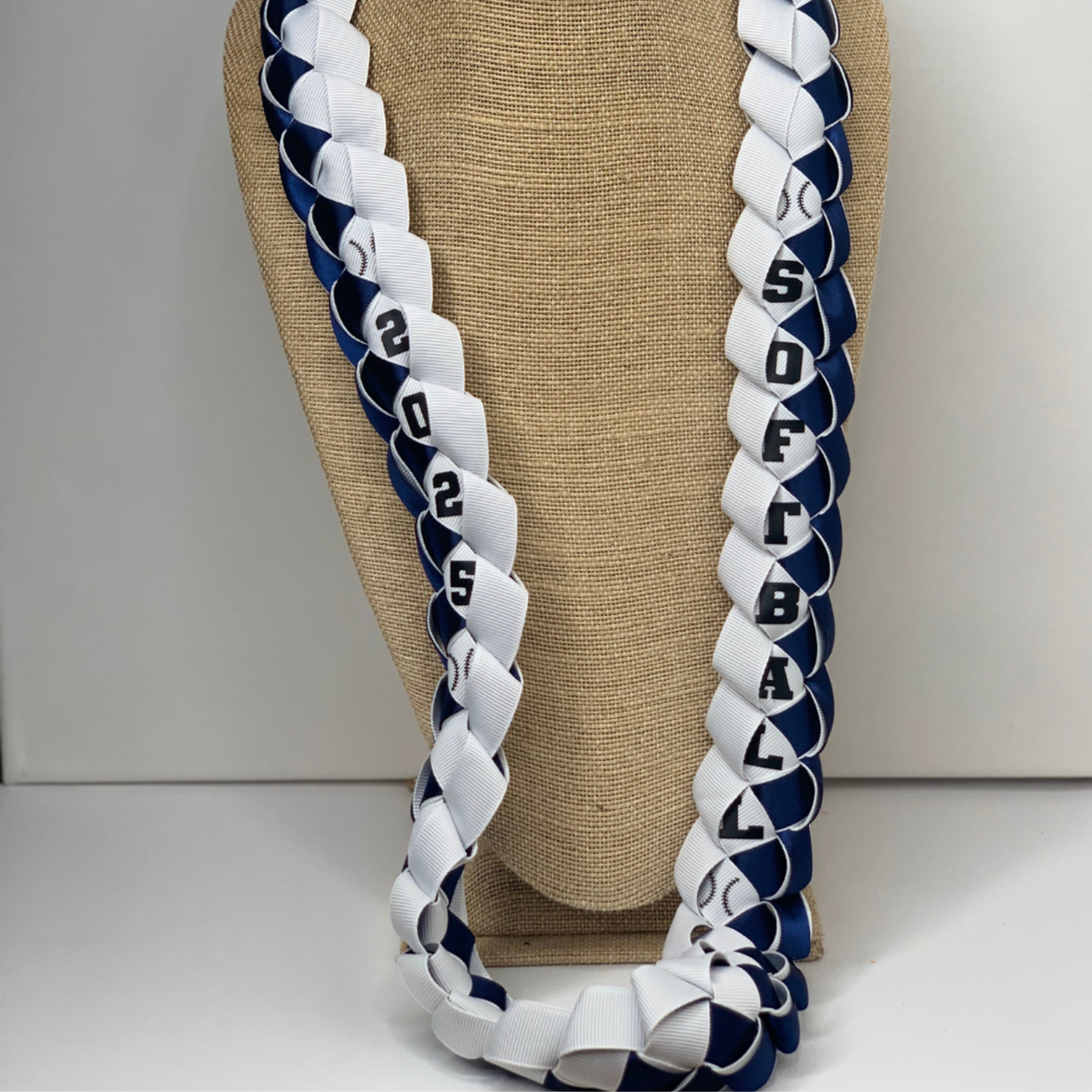 Custom Softball Ribbon Lei in school or team colors for Senior Night, graduation, softball banquets, tournaments, and softball player gifts.