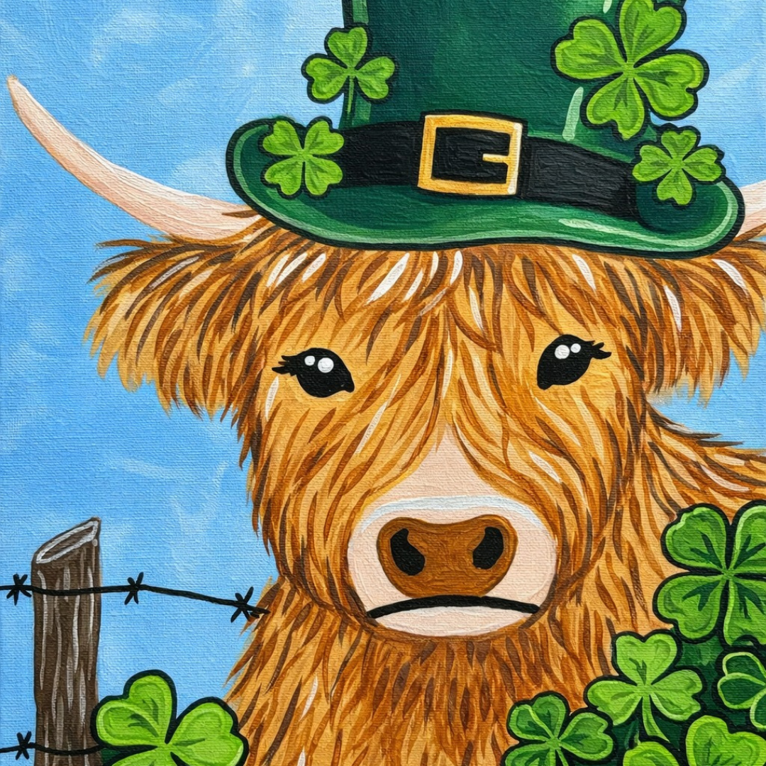 St. Patrick's Day Paint Party Package featuring various Irish-themed DIY painting designs like shamrocks, rainbows, and leprechauns.