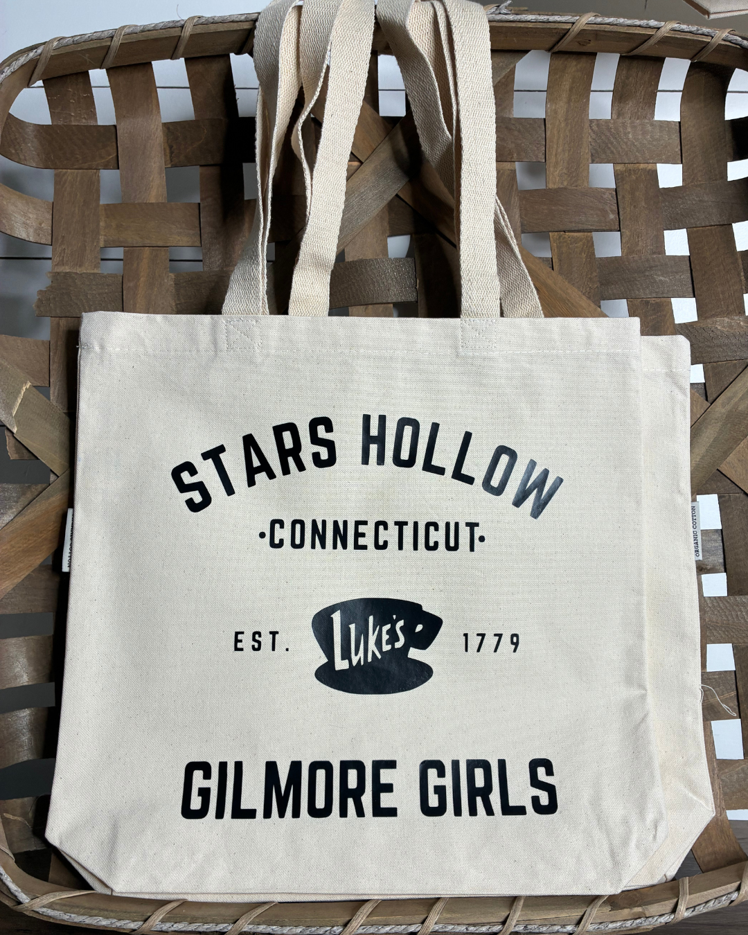Stars Hollow Tote Bag with Luke's Diner and Gilmore Girls graphic