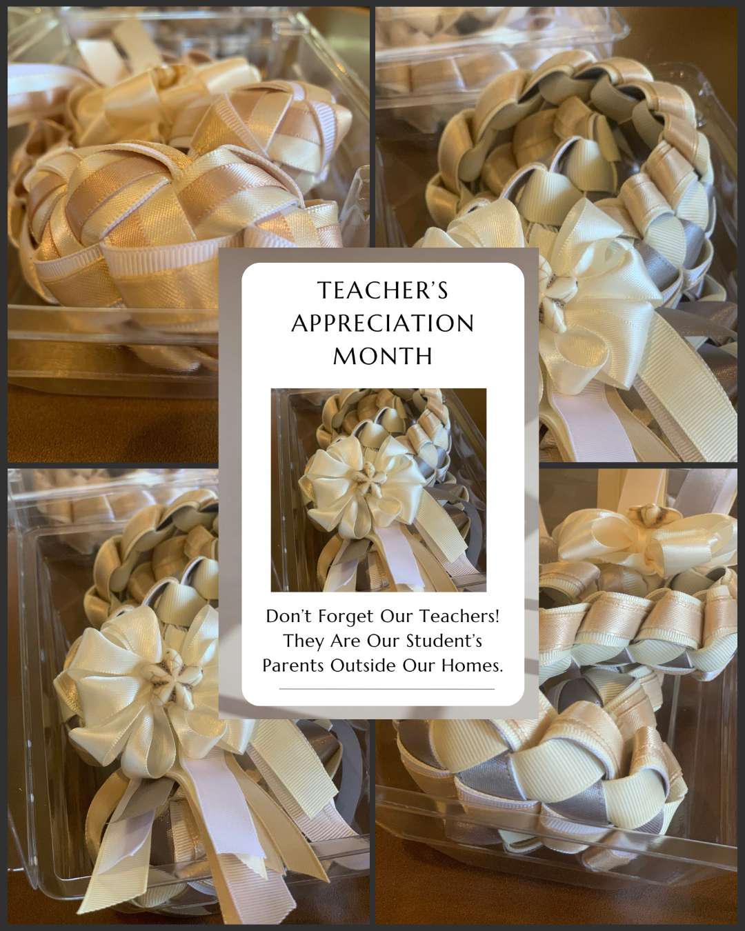 Teacher Appreciation Lei featuring handcrafted gold and white braided ribbons with floral accents, displayed as a school staff thank-you gift.