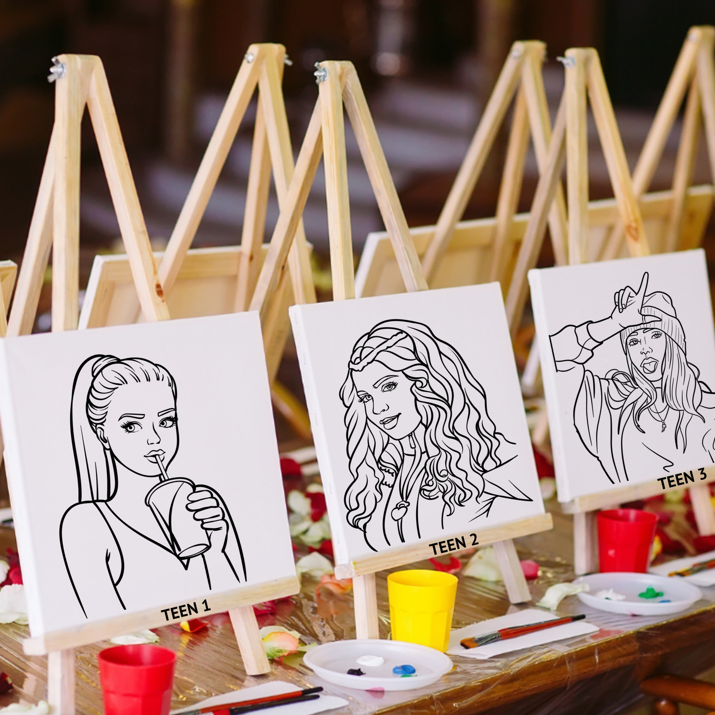 Teen girls paint party kits with face designs and trendy creative DIY painting activity supplies