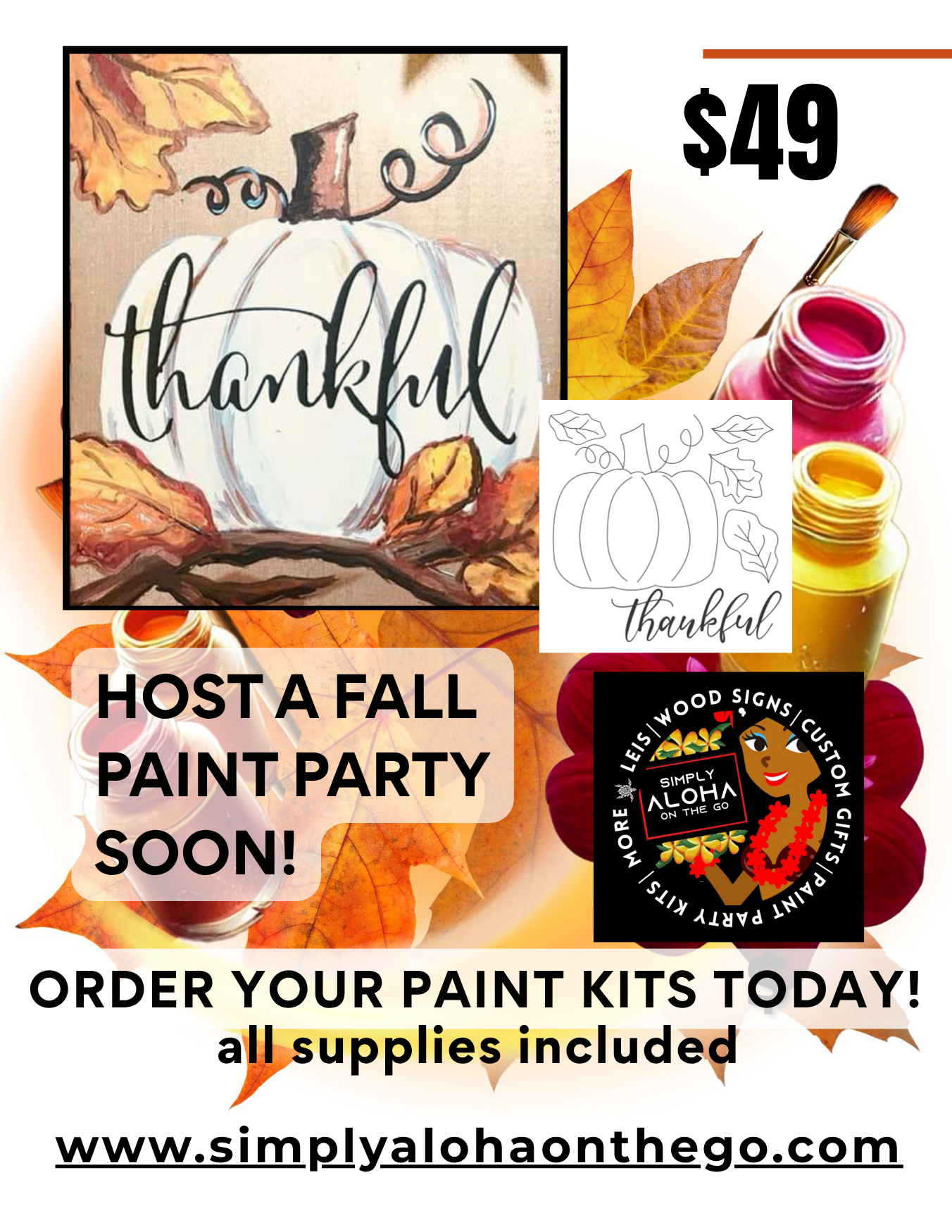 Thankful Pumpkin DIY Paint Kit promo – $49 fall paint party kit with all supplies included by Simply Aloha On The Go