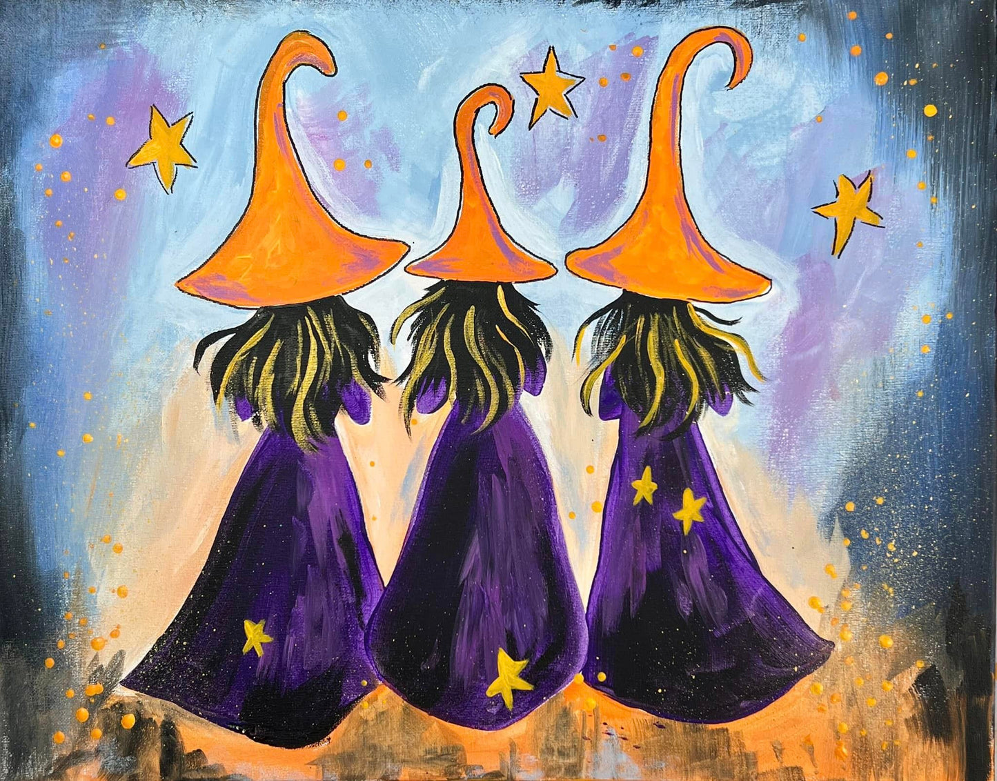 Three wtiches of halloween paint party kit with purple, black, and orange colors