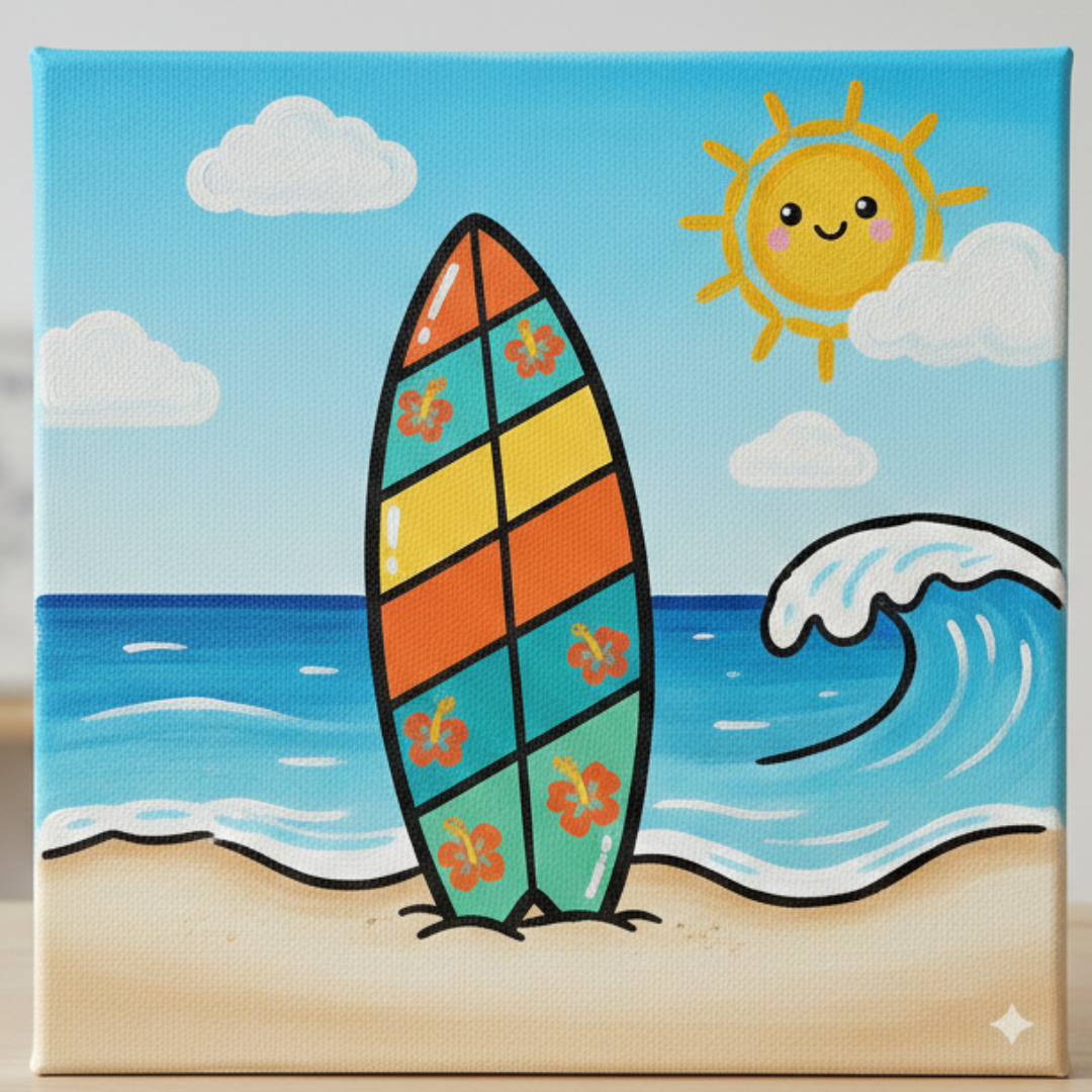 A colorful striped surfboard on a beach with a happy sun, clouds, and a splashing ocean wave painted on a canvas