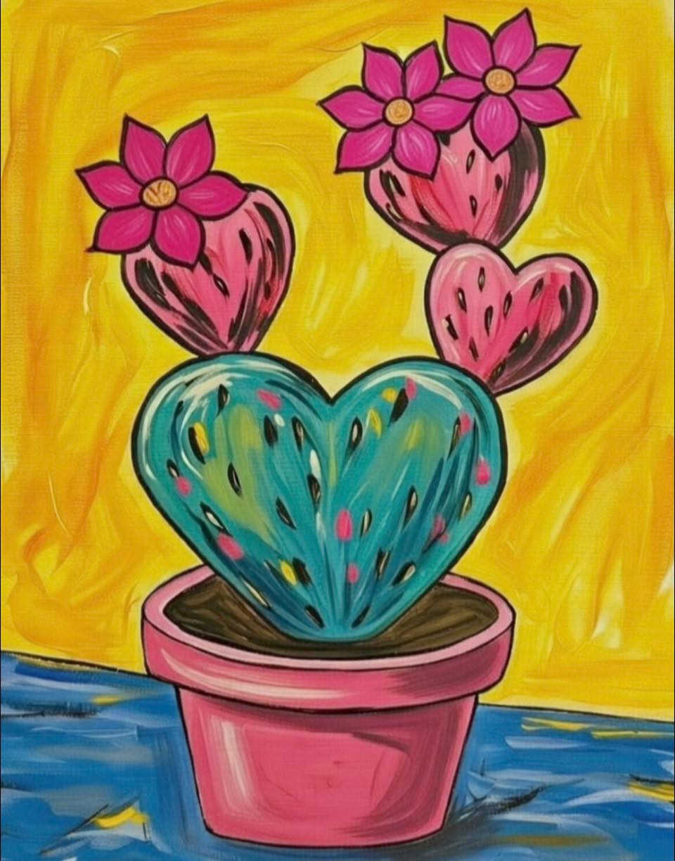 Painting of a heart-shaped cactus with pink flowers on a yellow background