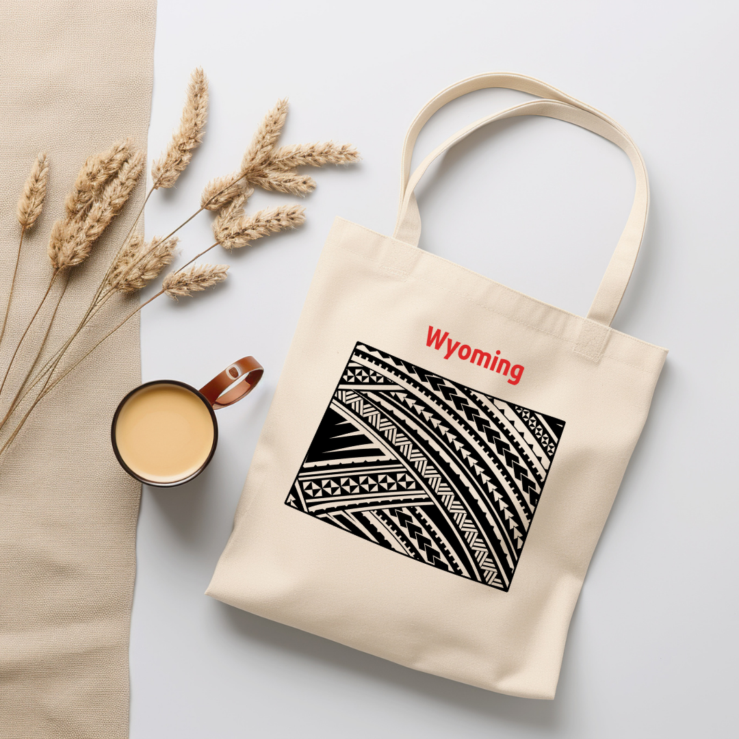 Wyoming-A double-sided, eco-friendly Polynesian Pride tote bag featuring a tribal map design from the 50 State Tribal Map Collection