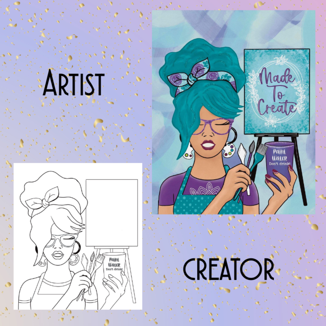 Custom pre-sketched paint party canvas for artists and creators featuring a woman with a palette and creative tools