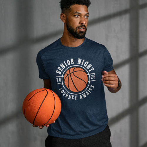 Student male holding a basketball wearing his 2026 blue senior night t-shirt with a graphic design. available in other colors.