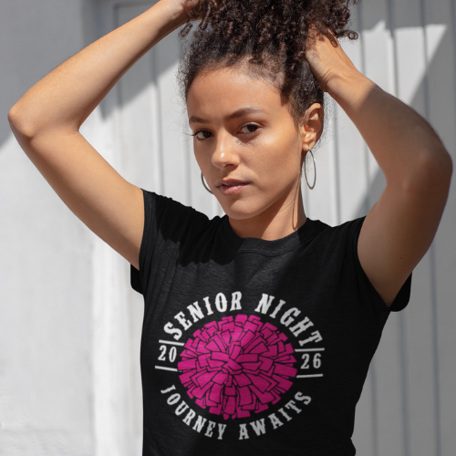 Woman wearing a black t-shirt with Senior Night 2026 Journey Awaits design against a light background