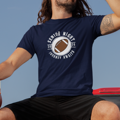 A quarterback with his custom 2026 football senior night navy blue t-shirt with Journey Awaits logo and a football graphic