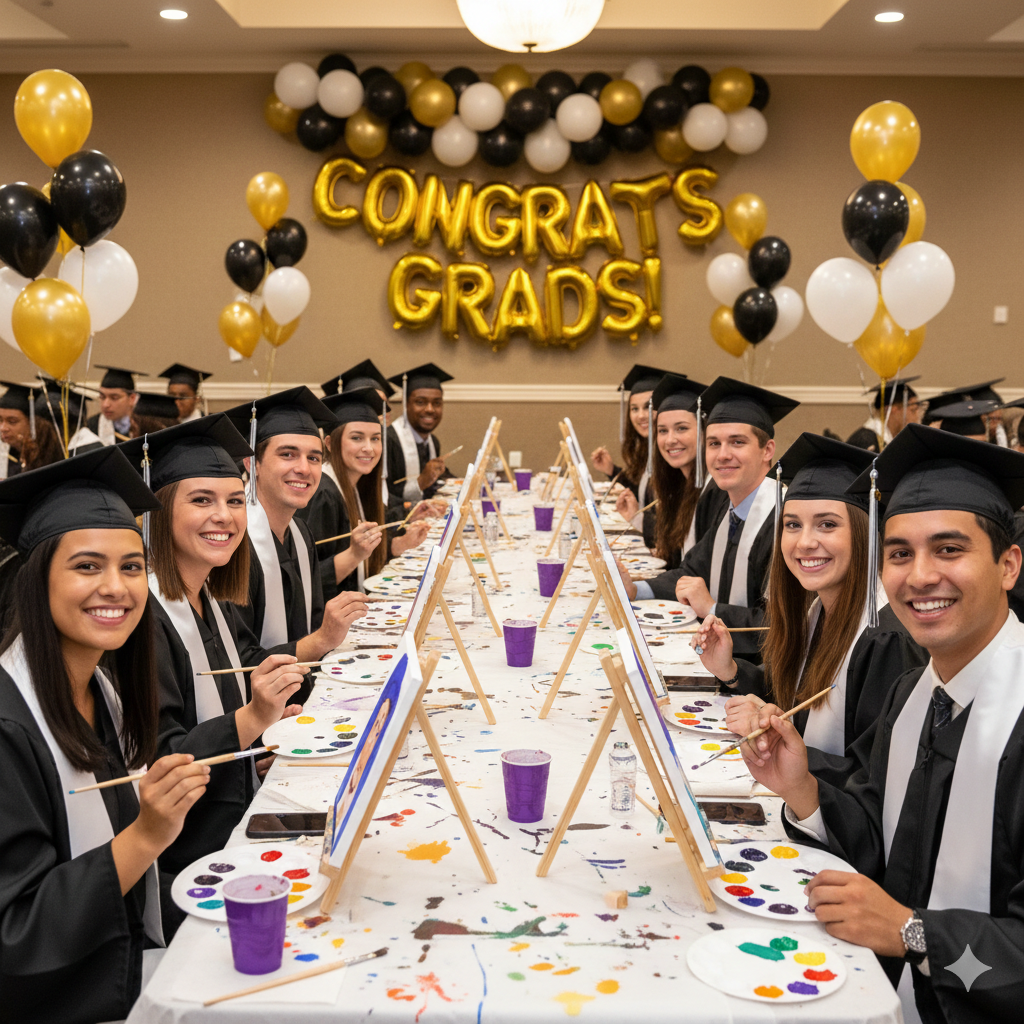 Graduates in classic black caps and gowns hosting a graduation paint party at a celebration for the Class of 2026.