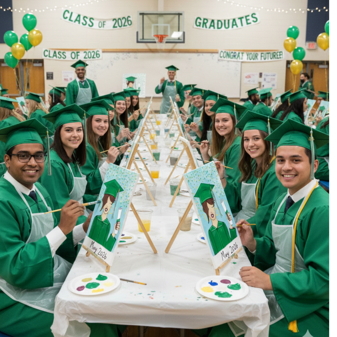 Class of 2026 graduates in green caps and gowns sitting at a long table using graduation paint party kits on canvas.