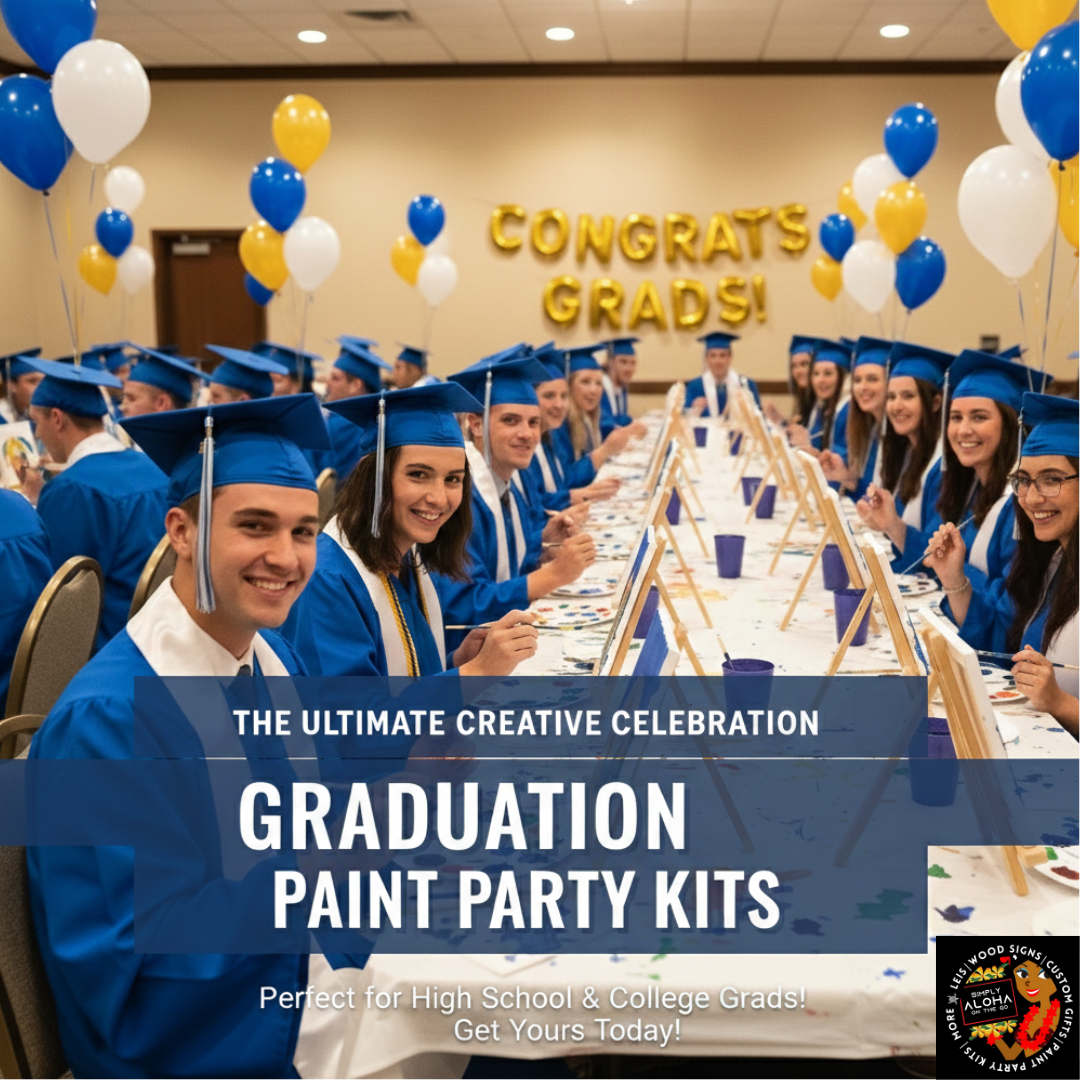 High school graduates in royal blue caps and gowns sitting at a long table using Graduation Paint Party Kits to paint on canvases at a graduation celebration.