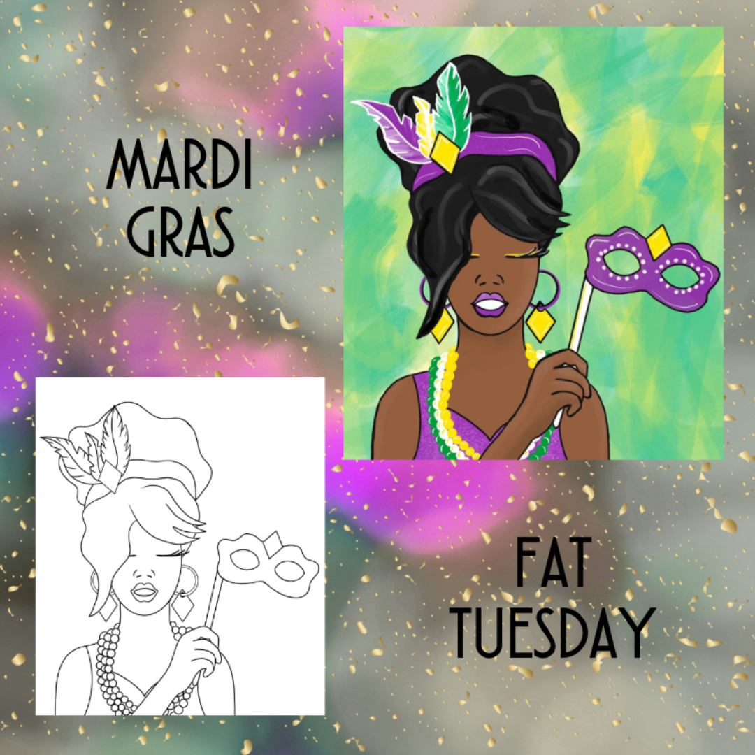 Pre-sketched Mardi Gras masquerade mask paint party canvas with festive feather details, perfect for a Fat Tuesday celebration