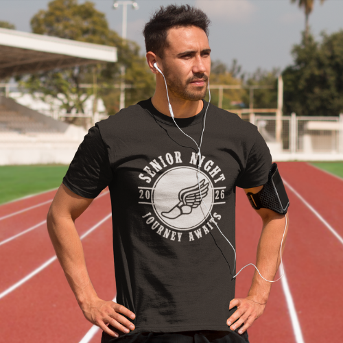 A male wearing his class of 2026 track and field senior night shirt with Journey Awaits logo and his sports graphic in white. Available in other colors.