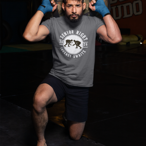 A wrestler senior student with his class of 2026 wrestling senior night t-shirt with Journey Awaits logo and a graphic. Made available in other colors