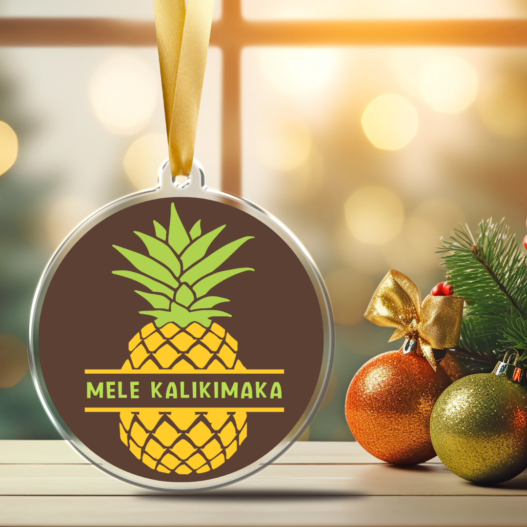 Personalized 3-inch acrylic Christmas ornament with a pineapple design split to show the custom last name in the middle.