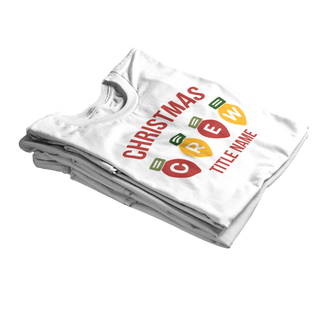 Personalized Christmas Family Crew Shirt featuring light bulbs spelling CREW, (add your title name) matching green and white holiday shirts for family and friends by Simply Aloha On The Go™