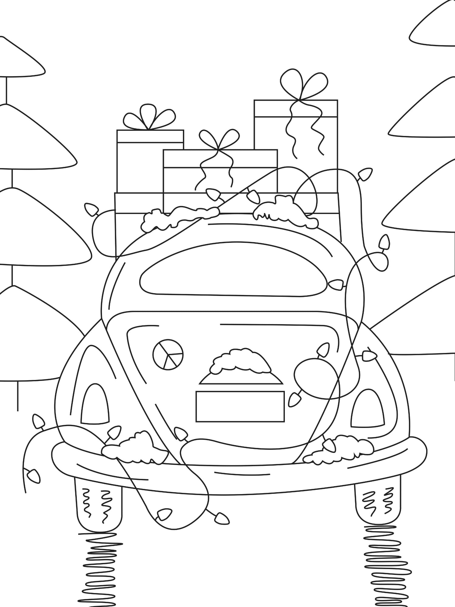 Black and white line drawing of a vintage car with Christmas presents on a snowy landscape.